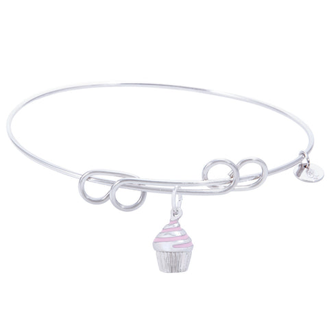 Sterling Silver Carefree Bangle Bracelet With Cupcake - Pink Icing Charm