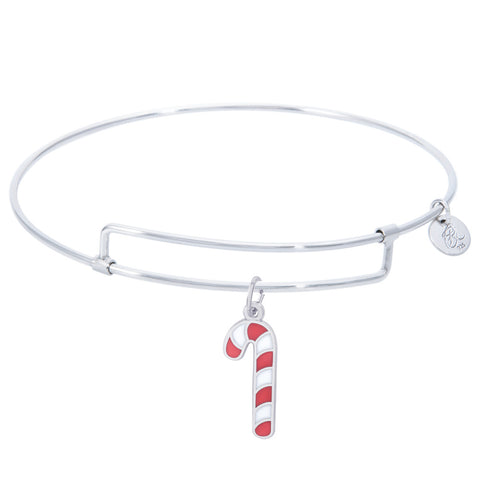 Sterling Silver Pure Bangle Bracelet With Candy Cane W/Color Charm