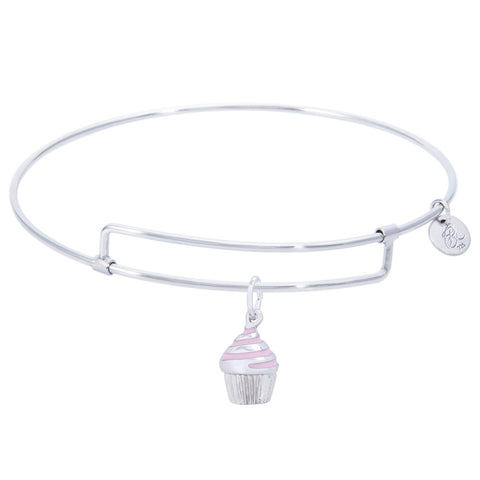 Sterling Silver Pure Bangle Bracelet With Cupcake - Pink Icing Charm