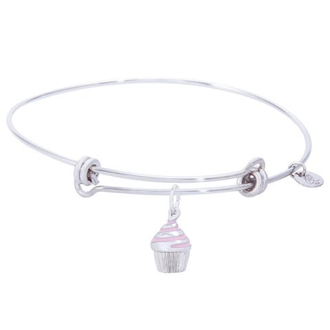 Sterling Silver Balanced Bangle Bracelet With Cupcake - Pink Icing Charm