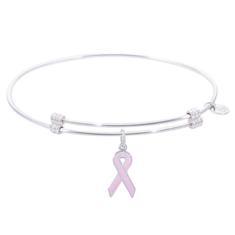 Sterling Silver Alluring Bangle Bracelet With Breast Cancer Ribbon Charm