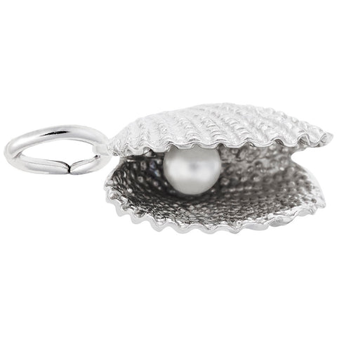 Shell With Pearl Charm In 14K White Gold