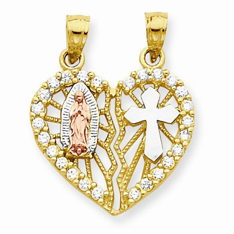 10k Gold Two-tone CZ Religious Break-apart Heart Pendant, Pendants for Necklace