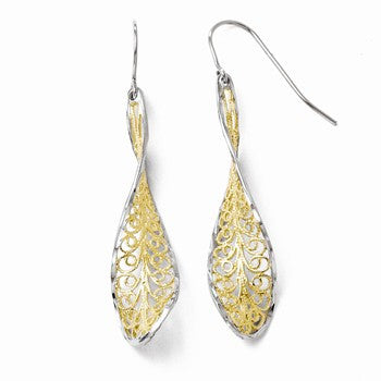10k Yellow Gold w/Rhodium Diamond-cut Dangle Shepherd Hook Earrings