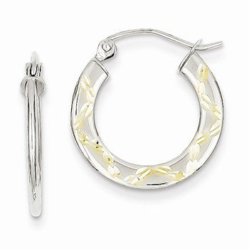 10K White Gold Yellow Rhodium Diamond-cut Hoop Earrings