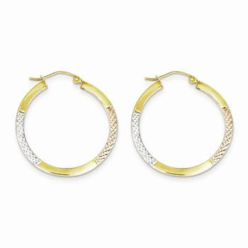 10K Gold with White & Rose Rhodium Diamond-cut 2.5x30mm Hoop Earrings