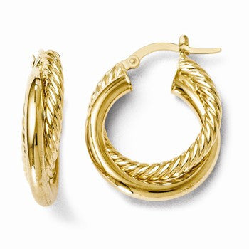 14k Yellow Gold Polished & Textured Hinged Hoop Earrings
