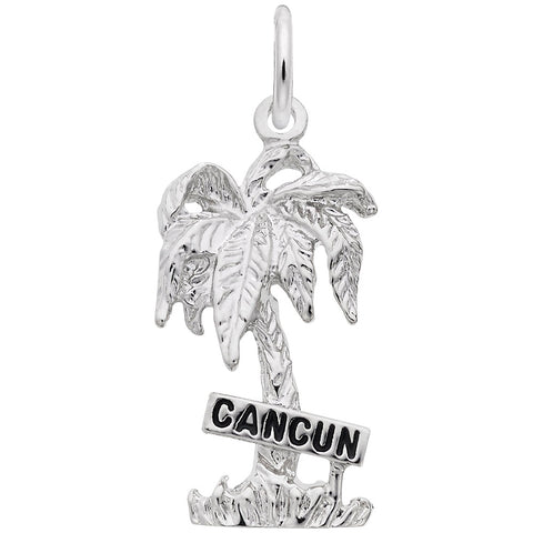 Cancun Palm W/Sign W/Bl.Paint Charm In 14K White Gold