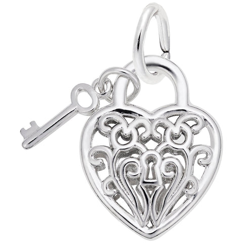 Heart W/ Key 3D Charm In Sterling Silver