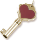 Large Key with Red Heart Charm  in 10k Yellow Gold