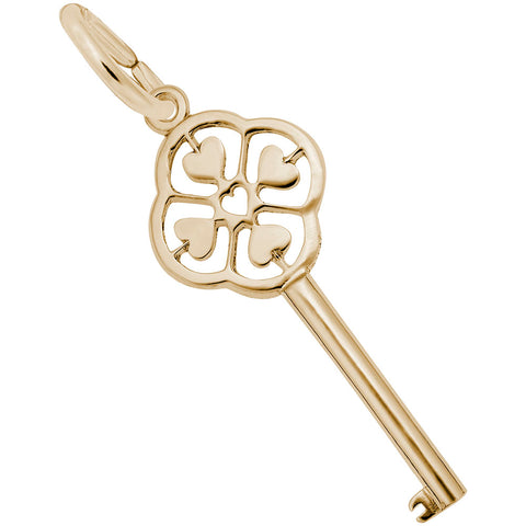 Large Key With Four Hearts Charm in Yellow Gold Plated