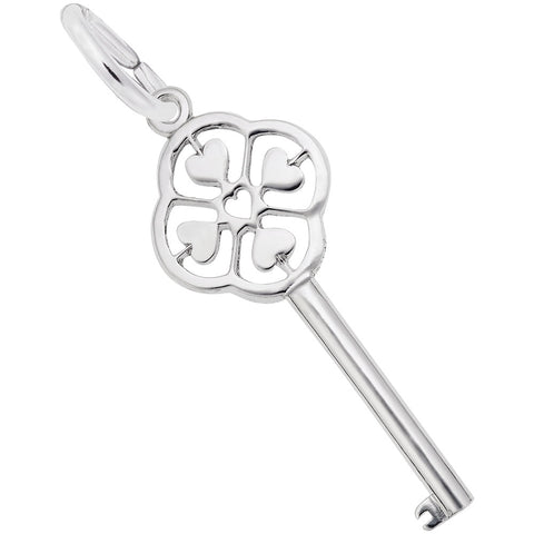 Large Key With Four Hearts Charm In 14K White Gold