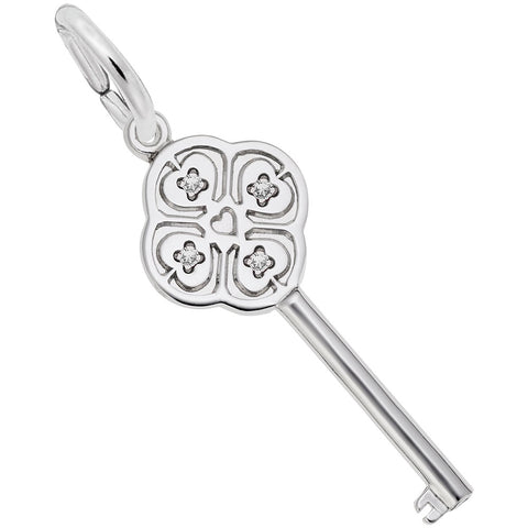 Large Key With April Birthstones Charm In 14K White Gold
