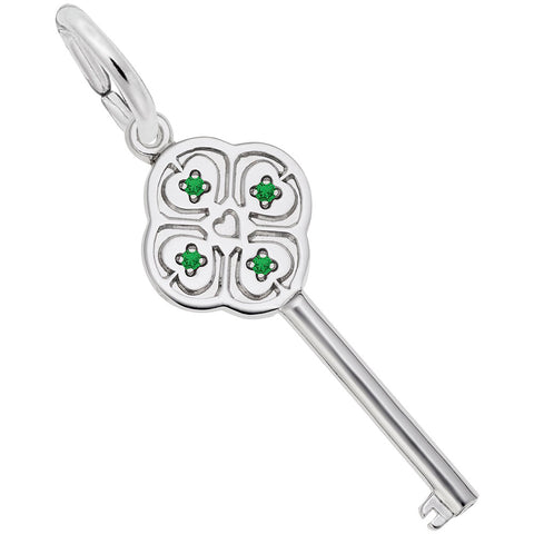 Large Key With May Birthstones Charm In 14K White Gold