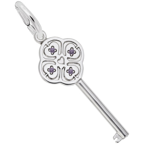 Large Key With June Birthstones Charm In 14K White Gold