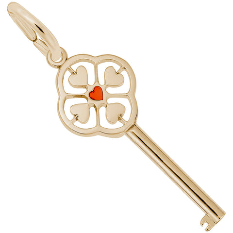 Large Key With Red Heart Center Charm in Yellow Gold Plated