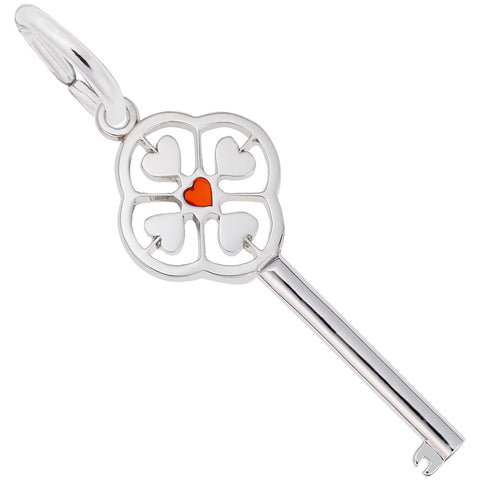 Large Key With Red Heart Center Charm In Sterling Silver