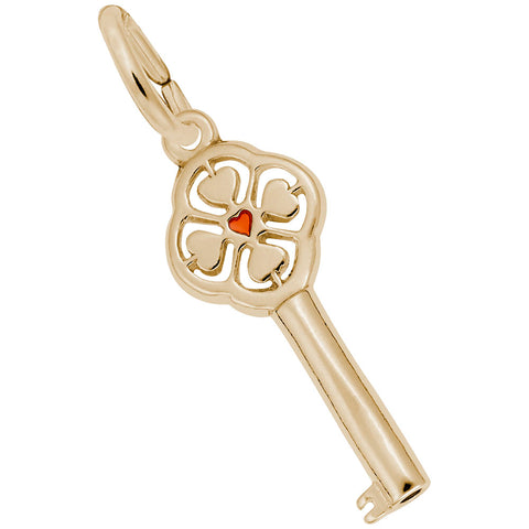 Key With Red Heart Center Charm In Yellow Gold