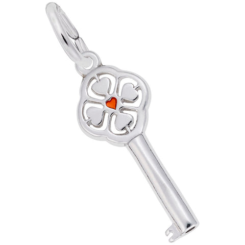 Key With Red Heart Center Charm In Sterling Silver