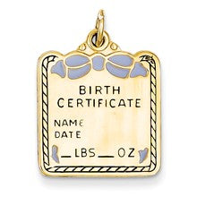 14k Gold Enameled Blue Engravable Birth Certificate Charm hide-image