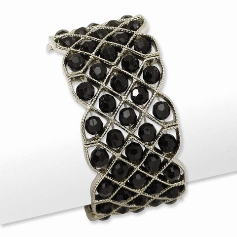 Silver-tone Black Acrylic Beads Stretch Bracelet