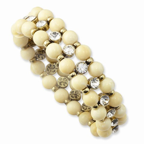 Brass-tone Cream Acrylic Beads & Clear Glass Stone Stretch Bracelet