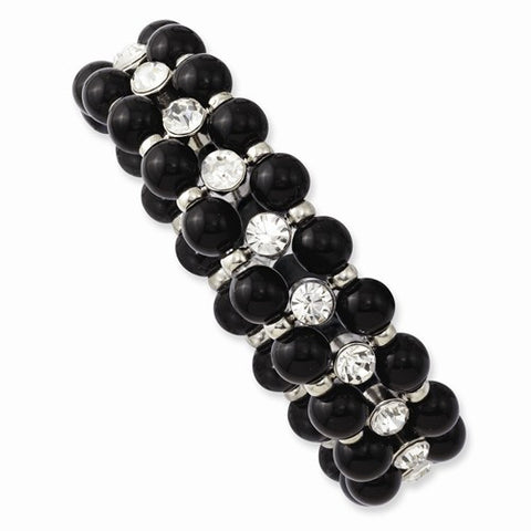 Silver-tone Black Beads & Clear Glass Stones Stretch Bracelet