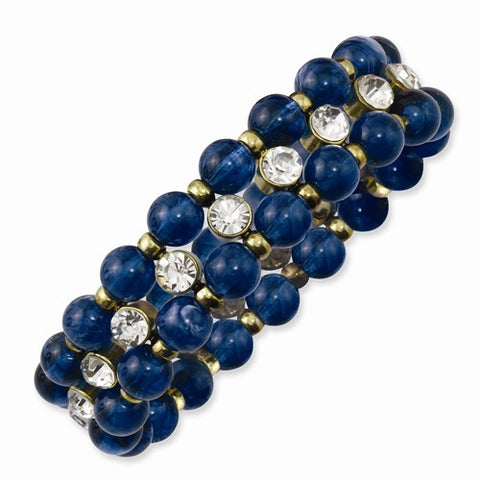 Brass-tone Blue Acrylic Beads & Clear Glass Stones Stretch Bracelet