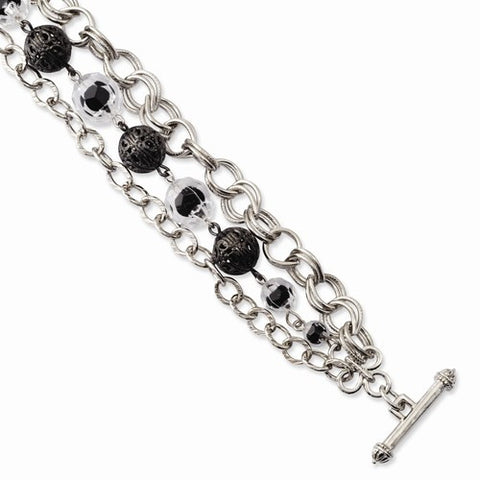 Silver-tone Black & Clear Glass & Acrylic Beads Toggle Bracelet