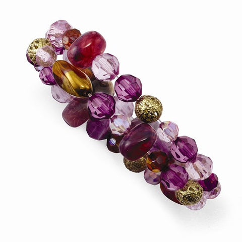 Brass-tone Purple & Smokey Brown Acrylic Beads Stretch Bracelet