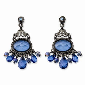 Black-plated Blue Glass Stone Beads Ch&elier Post Earrings