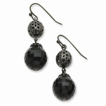 Black-plated Filigree Faceted Jet Glass Bead Dangle Earrings