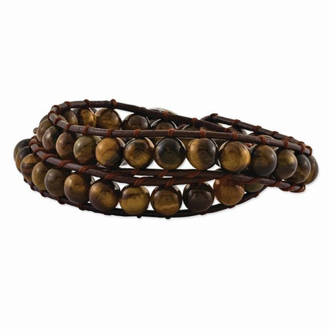 Stainless Steel Brown Beads & Leather Cord Multi Wrap Bracelet