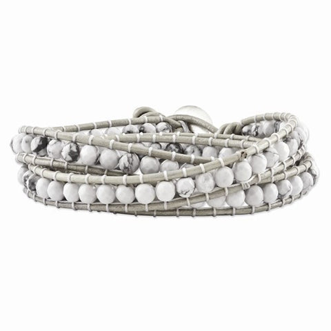 White Howlite Beaded and Leather Multi-Wrap Bracelet