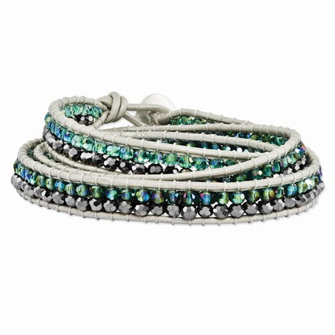 Green Aurora Borealis & Grey Crystal Bead Leather Multi-Wrap Bracelet