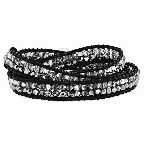Grey and Clear Crystal Bead and Leather Multi-Wrap Bracelet