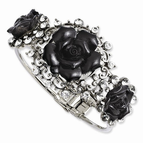 Silver-tone Black Flowers & Clear Crystal Hinged Bracelet