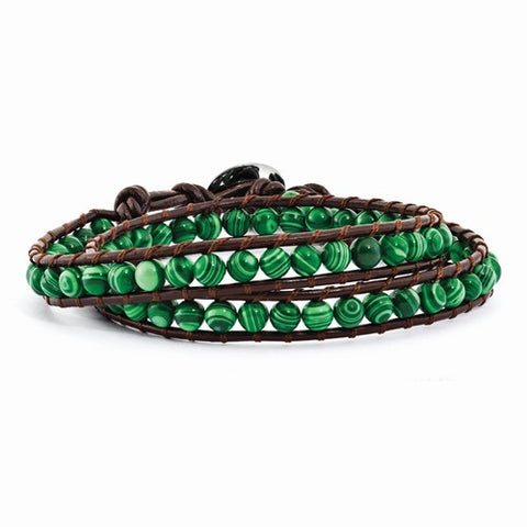 6 Green Malachite Beads Leather Cord Multi Wrap Bracelet