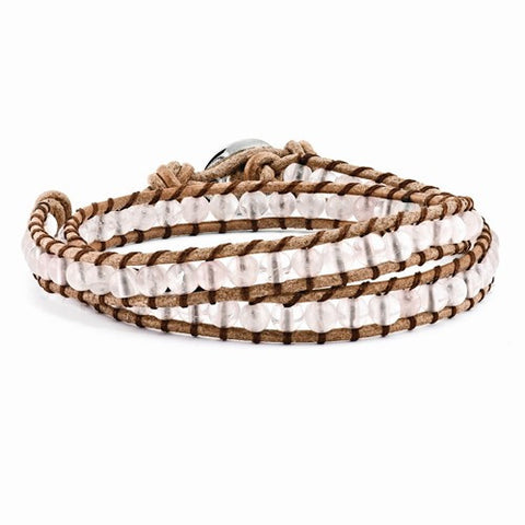 6 Rose Quartz Beads Leather Cord Multi Wrap Bracelet