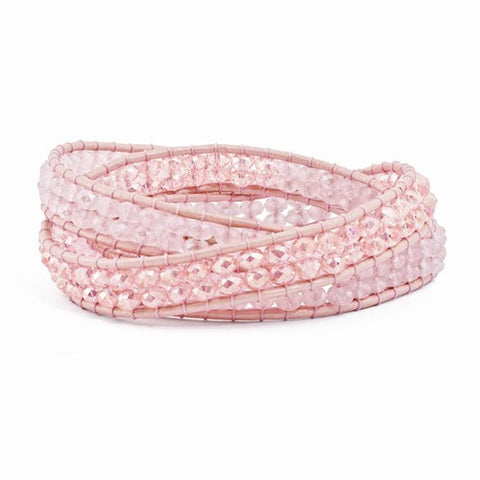 Pink Leather Rose Quartz Beaded Multi Wrap Brass Button Bracelet