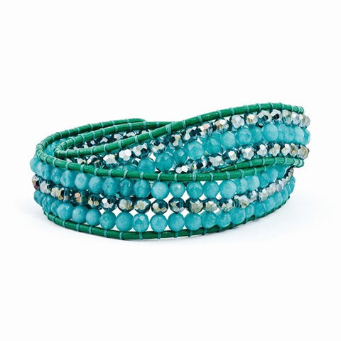 Leather Blue Zicron Quartz & Crystal Multi Wrap Brass Button Bracelet