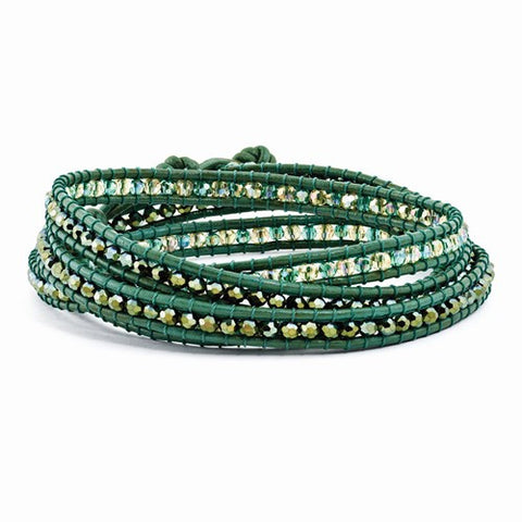 Green Leather Green Crystal Beaded Multi Wrap Brass Button Bracelet