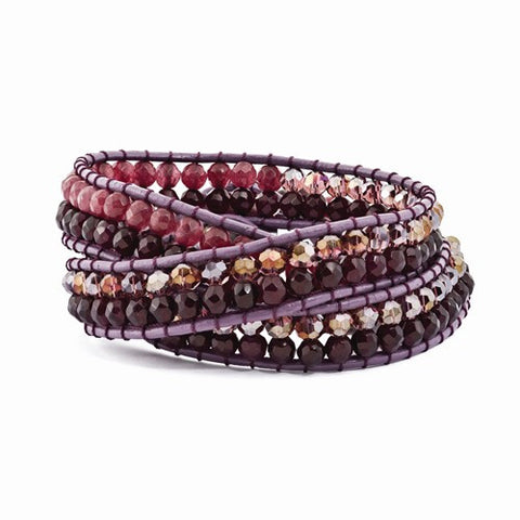 Purple Crystal and Red Quartz and Leather Multi-Wrap Bracelet