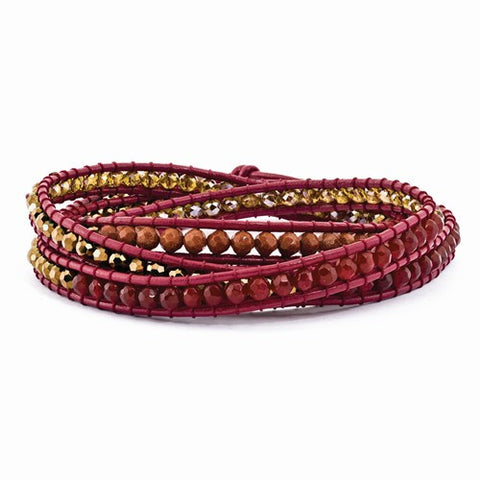 Crystal, Red Quartz, Red Sand Stone & Leather Multi-Wrap Bracelet