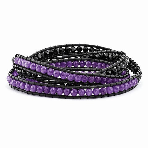 Black Crystal and Purple Quartz Bead and Leather Multi-Wrap Bracelet