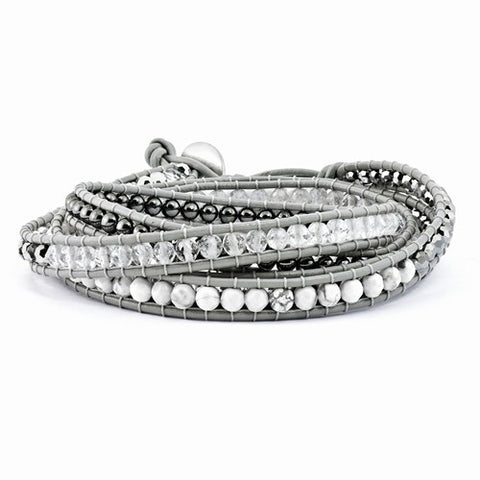 Crystal, Hematite, White Howlite Bead Leather Multi-Wrap Bracelet