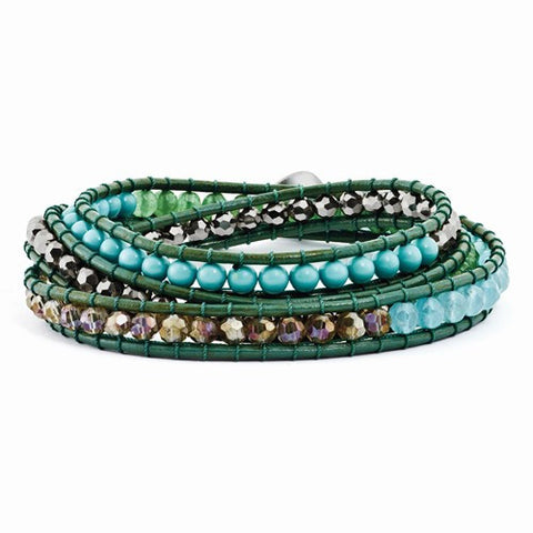 Green Aventurine, Crystal, Recon Turquoise & Leather Multi-Wrap Bracelet