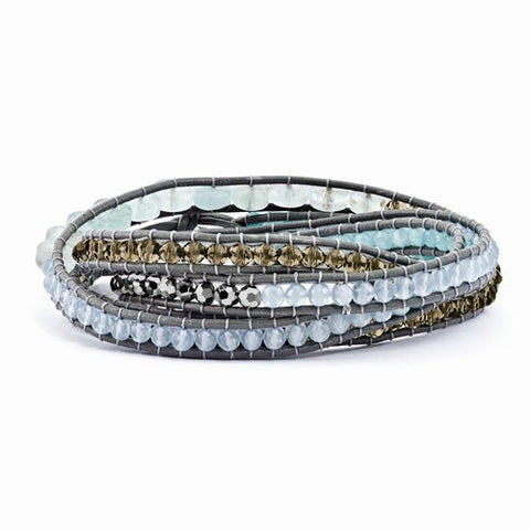 Aquamarine, Blue Quartz, Crystal & Leather Multi-Wrap Bracelet