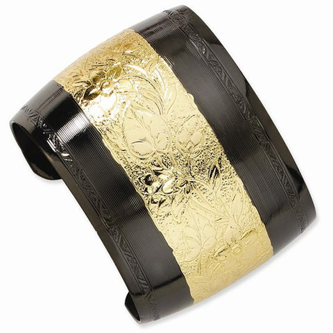 Gold-tone and Black-plated Floral Cuff Bangle