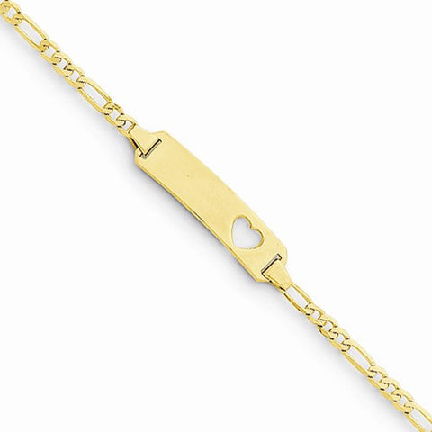 14K Yellow Gold Figaro Link Baby Id Plate with Cut-Out Heart Bracelet